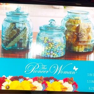 New Pioneer Woman Cassie Teal 3 Piece Canister Set